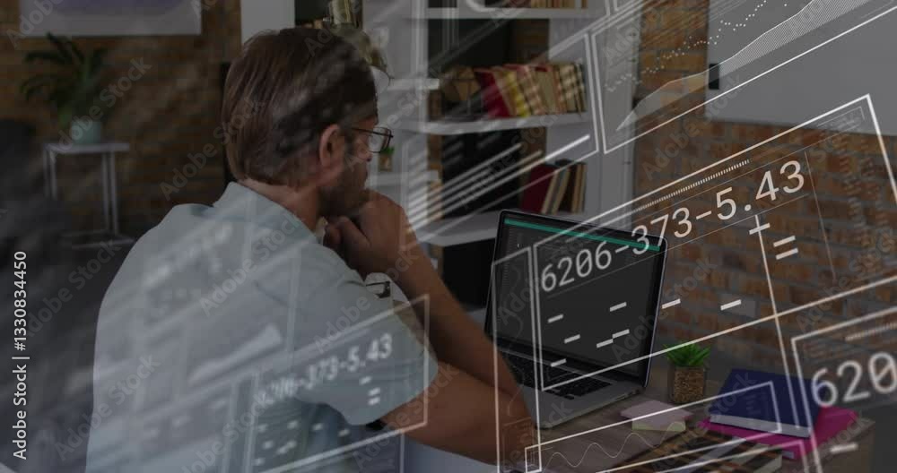 Poster man working on laptop with floating numerical data animation overlay