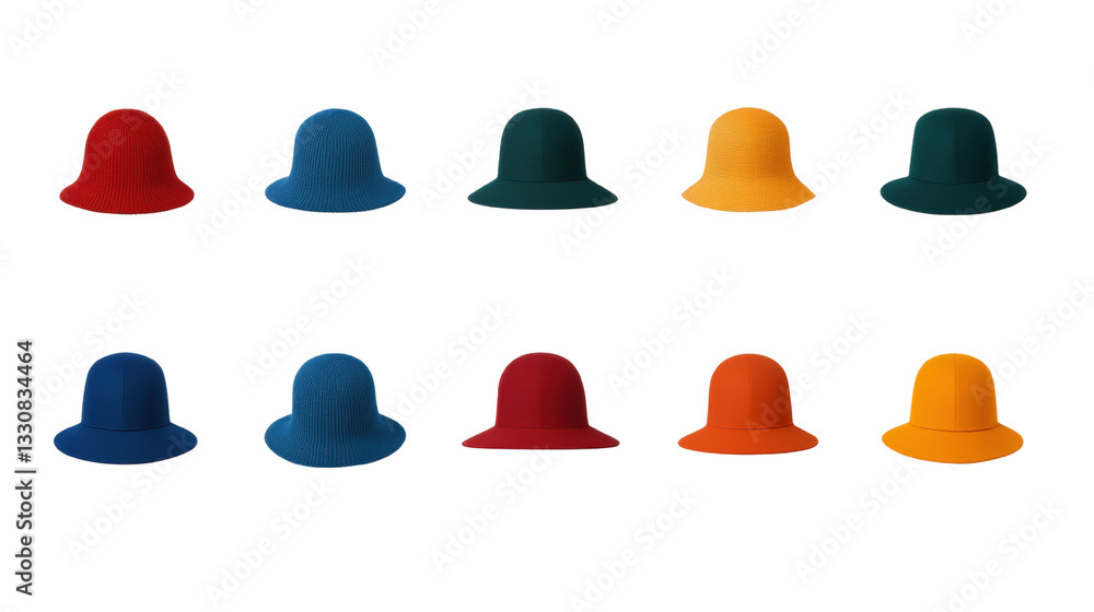 Poster a collection of colorful hats displayed in a grid format, showcasing various vibrant colors and styl
