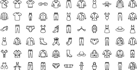 Clothes thin line icons set. Clothes editable stroke icons. Fashion icons. T-shirt, Pants, Jacket, Dress, Short, Shoe, Shirt symbols. Vector

