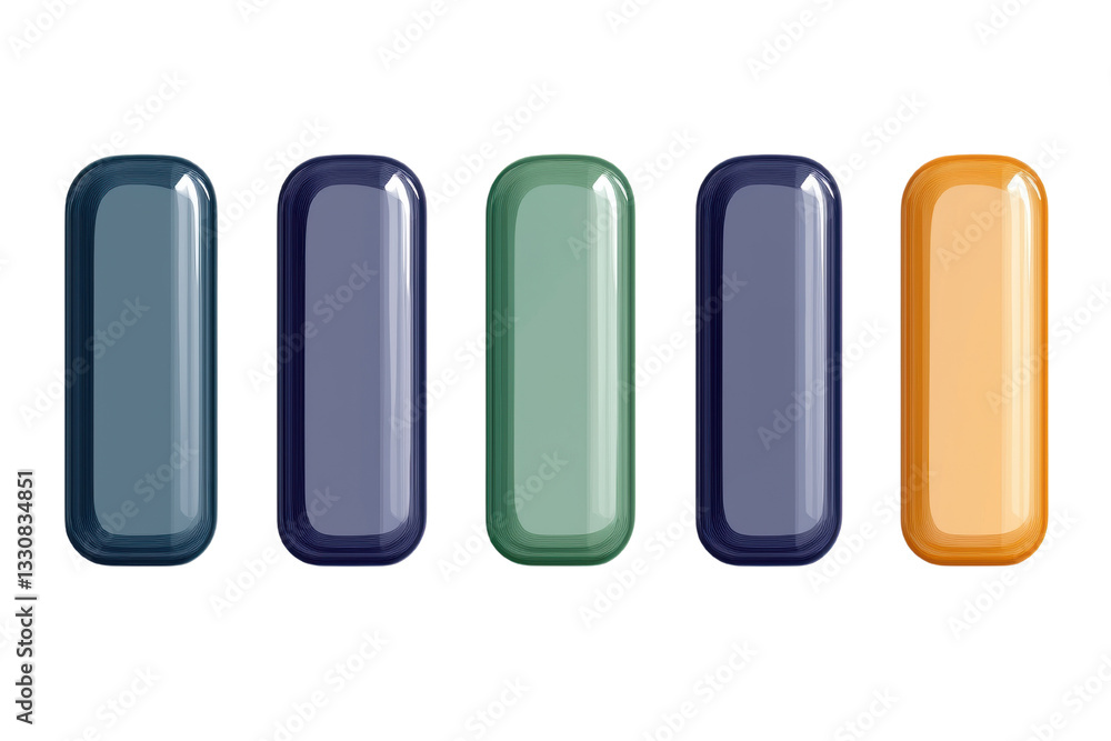 Poster five glossy, rectangular capsules in varying colors arranged in a line.