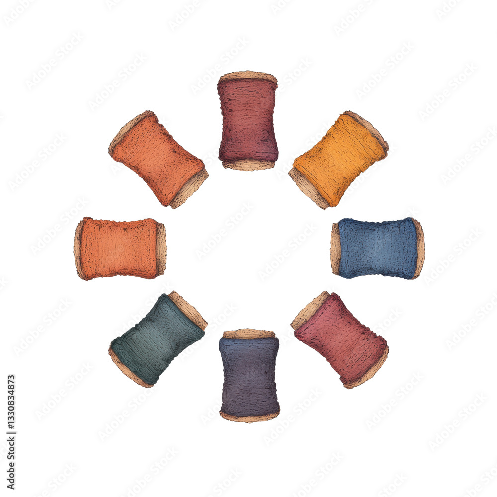 Poster a collection of colorful spools arranged in a circular formation.