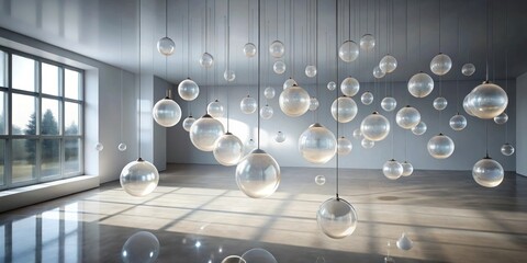 Serene Minimalist Interior Design Featuring a Suspended Array of Orbs Illuminating a Spacious Room with a Large Window