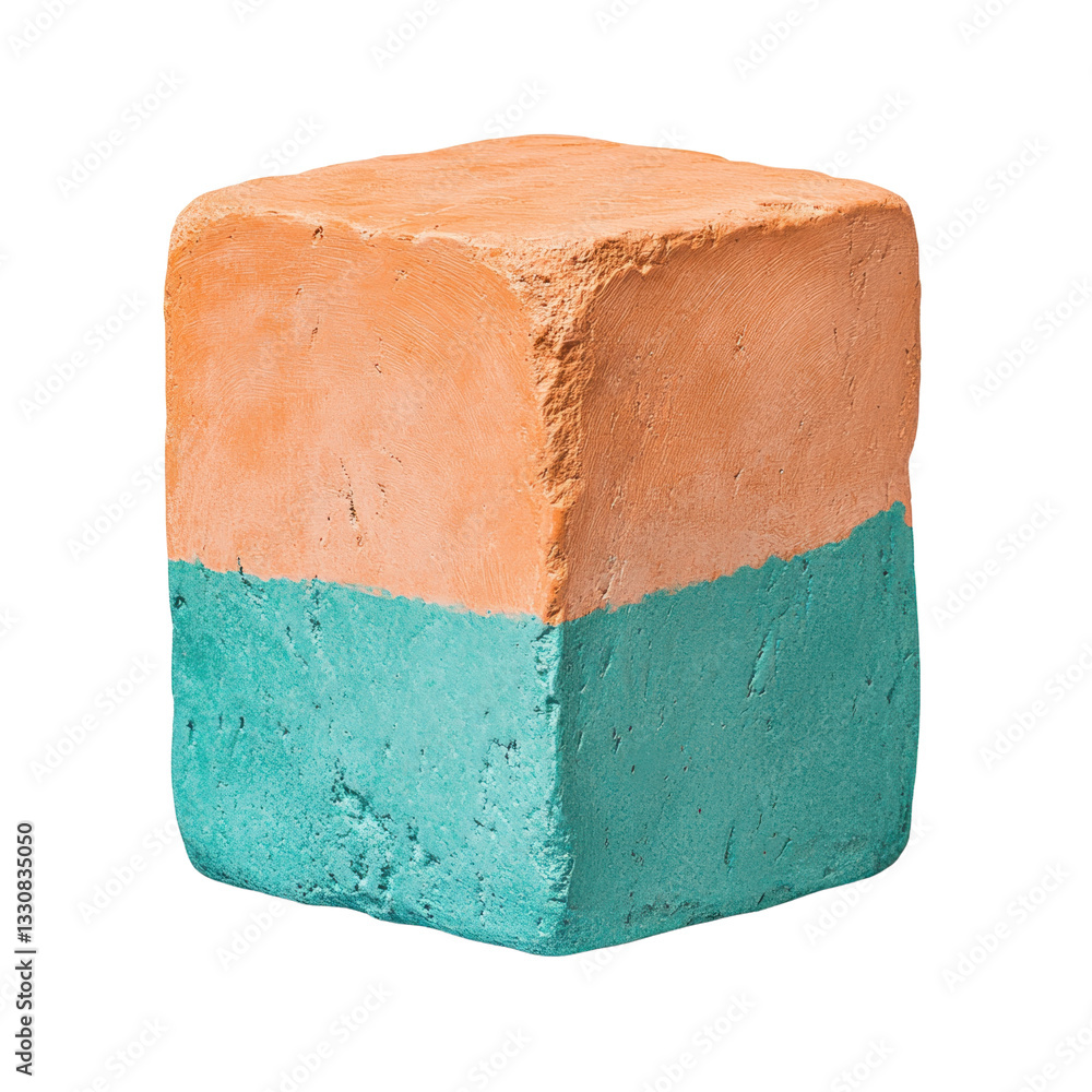 Poster a colorful, rectangular block with an orange top and a turquoise base, showcasing a textured surface