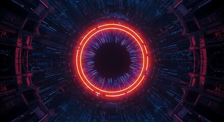 Obraz premium Futuristic Tunnel with Neon Rings and Digital Data Streams. Generative Ai