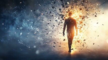 A man emerges from chaos, symbolizing transformation and the journey through challenges into light.