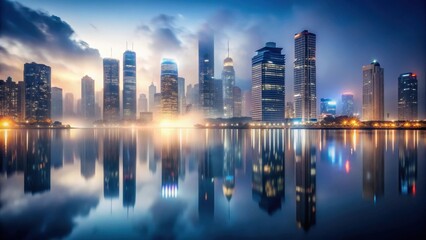 Fototapeta premium A Serene Metropolis at Dawn Skyscrapers Mirrored in Calm Waters, Illuminated by the Rising Sun's Gentle Glow