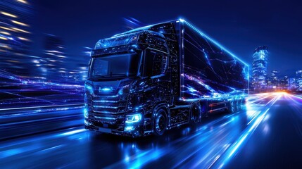 Futuristic Truck Driving at Night Through Neon Cityscape Streets