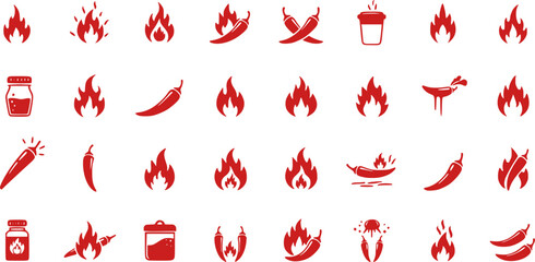 Spice level marks - mild, spicy and hot. Green and red chili pepper. Symbol of pepper with fire. Chili level icons set. Vector illustration isolated on white background. 