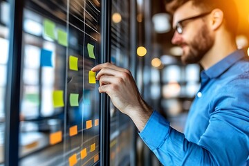 Businessman Interacting With Colorful Sticky Notes On Collaborative Wall