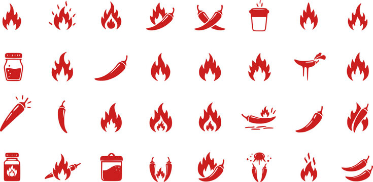 Spice level marks - mild, spicy and hot. Green and red chili pepper. Symbol of pepper with fire. Chili level icons set. Vector illustration isolated on white background. 
