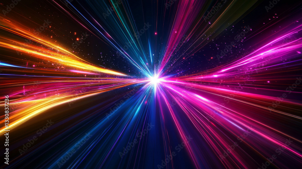 Poster bright streaks of multicolored light converge at a central point, creating a futuristic abstract bac