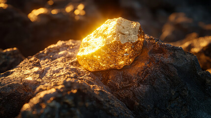 Close up of a golden nugget shining in rock
