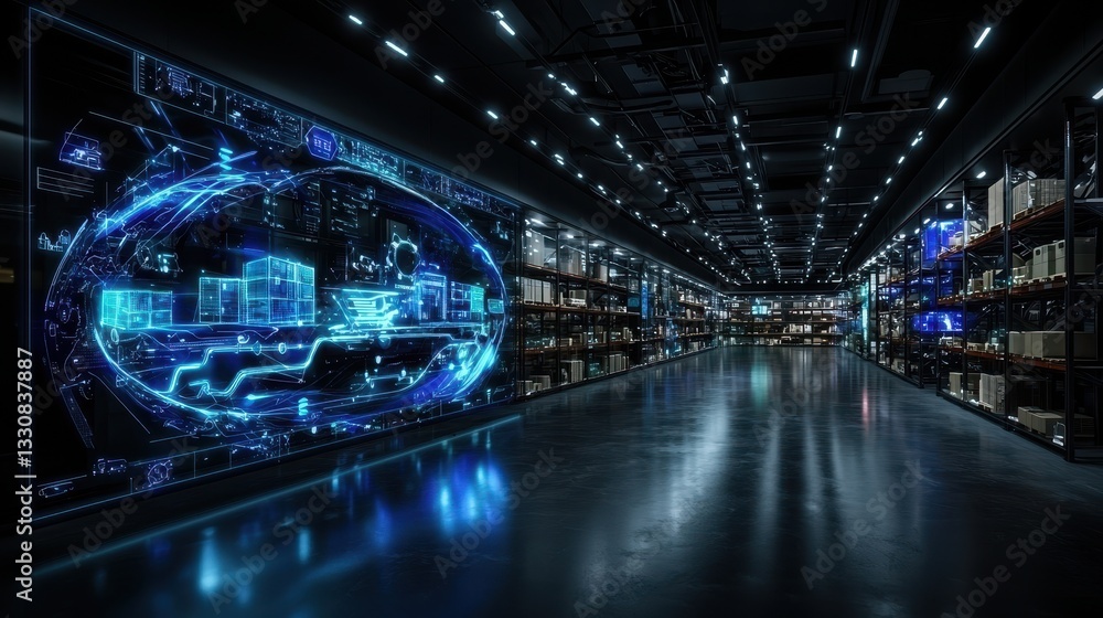 Poster futuristic warehouse with digital data visualization and ai elements