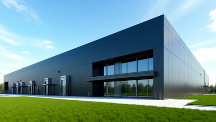 Obraz premium Modern Black Industrial Building Exterior Design Architecture Photography Grass Landscape Commercial Real Estate Property Development New Construction