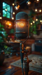 Vintage microphone illuminated in a cozy, rustic studio setting, surrounded by warm lights and greenery, perfect for music, podcasting, or creative inspiration.