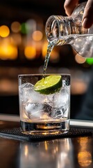 Bartender Pouring Gin and Tonic Cocktail with Lime