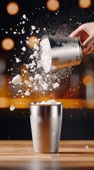 Bartender Pouring White Powder into Metal Cocktail Shaker on Wooden Bar Counter