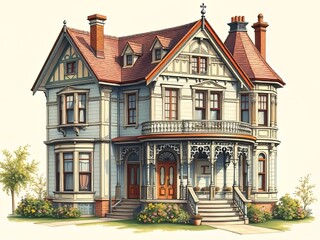 Victorian Houses Vintage Drawing - Vivid AI Art