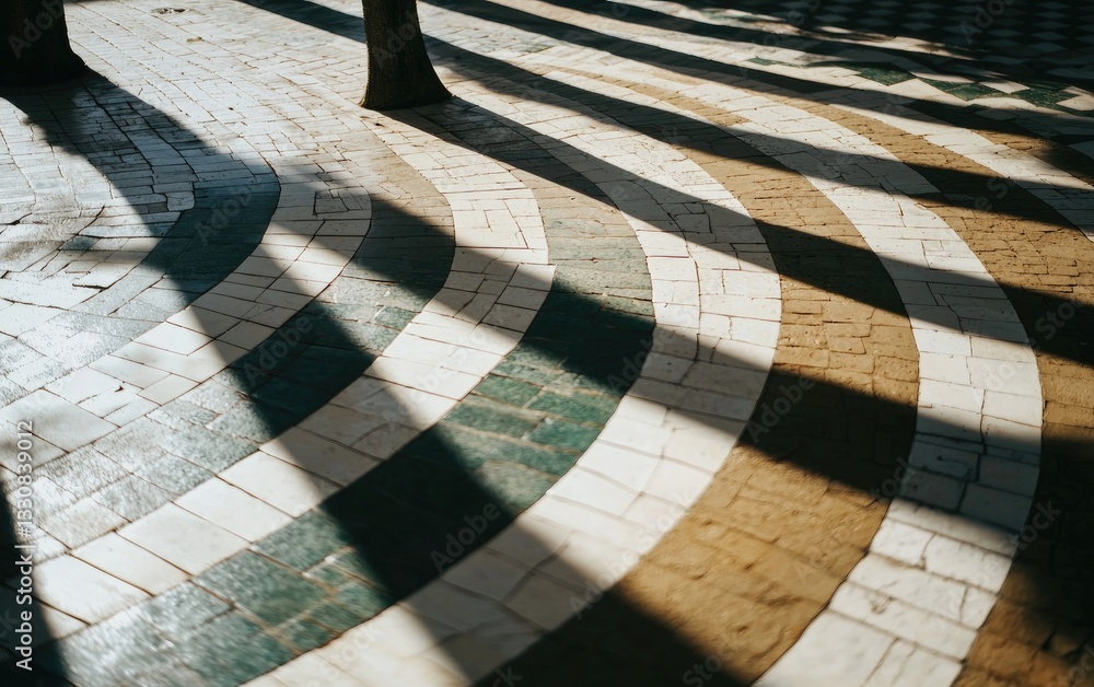 Poster tree shadows on colorful curved tiled pavement