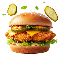 A Crispy Chicken Fillet Sandwich with Cheese Lettuce Isolated on Transparent Background
