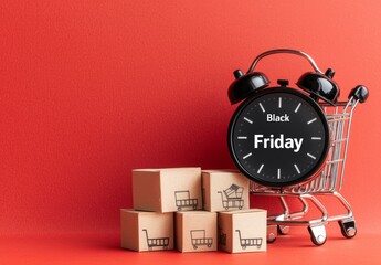 Black Alarm Clock in Shopping Cart with Cardboard Boxes on Red Background