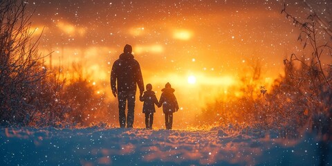 Fototapeta premium Family walking together in a snowy landscape at sunset, capturing warmth and togetherness amidst a serene winter scene.