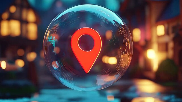 Red location icon glowing inside transparent bubble in charming village scene.