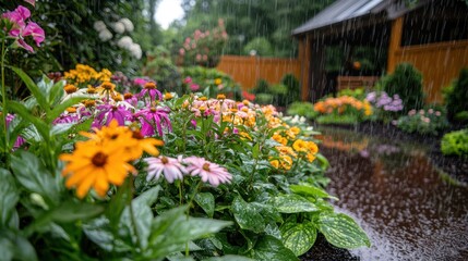 Fototapeta premium Colorful Flower Garden Under Rain with Soft Focus Background