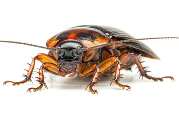 Naklejka premium The cockroach’s glossy shell and tiny legs are sharply visible, creating an intense image against the clean white surface.