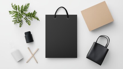 Black Paper Shopping Bag Mockup with Small Accessories