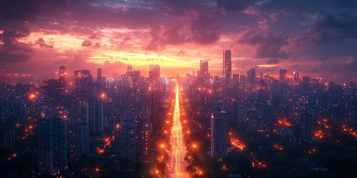 Stunning cityscape at sunset, featuring vibrant skies and illuminated streets, capturing the essence of urban life and evening tranquility.