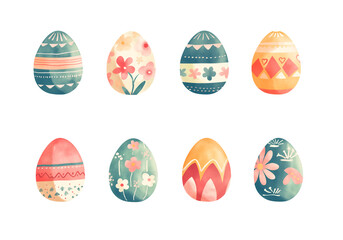 Set of 8 Easter eggs illustration. Design element watercolor illustration. Patterns. Transparent background. Colors yellow, red, pink, orange, blue, green, decoration illustration egg in spring, png