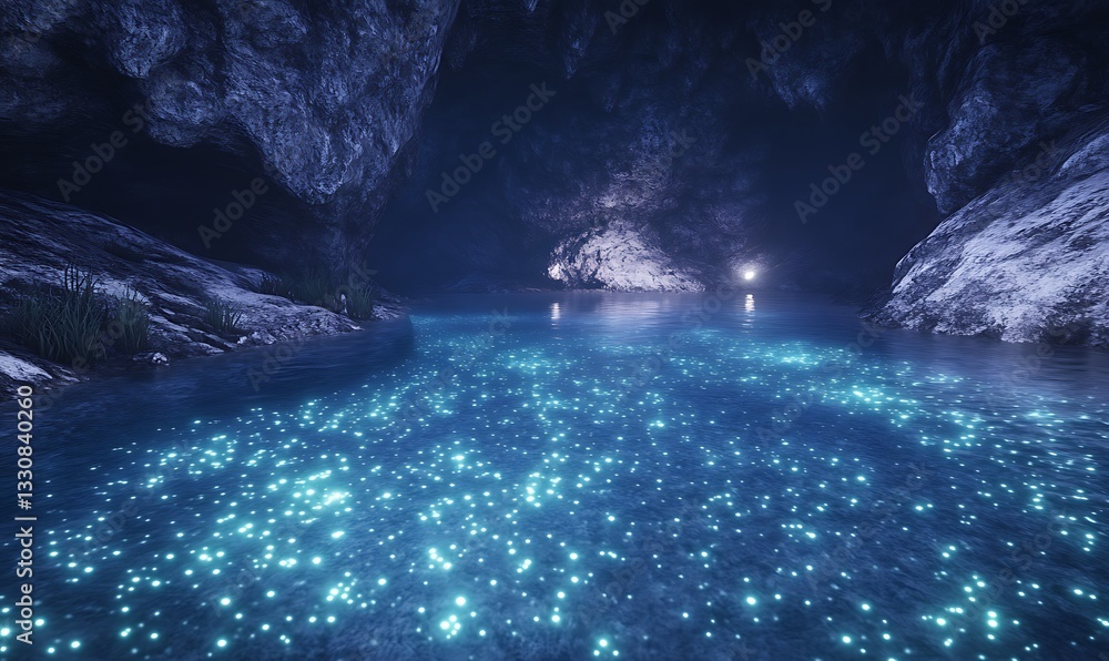 Poster serene cave with glowing blue waters and shimmering lights reflecting in a tranquil environment.