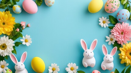 Colorful Easter-themed seamless pattern with eggs, bunnies, and spring flowers on a pastel background.