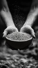 Hands pouring grains from a bowl, capturing the essence of nourishment and abundance in a striking black and white composition.