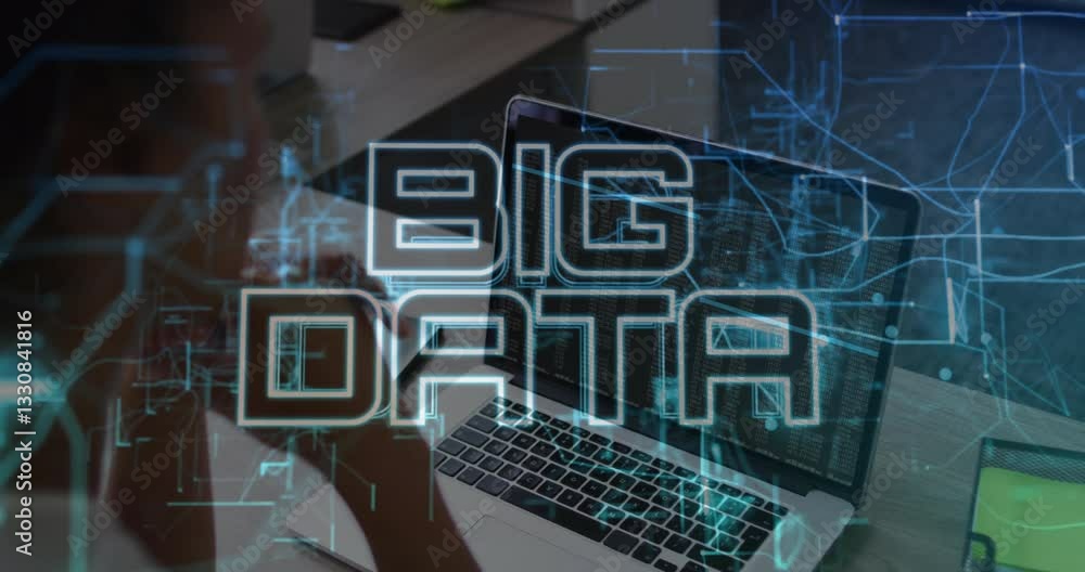 Poster big data text animation over person working on laptop with code on screen