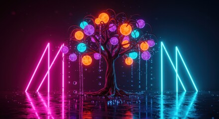 Neon Glowing Tree of Life with Vibrant Spheres and Water Drops Reflecting in a Dark Pool