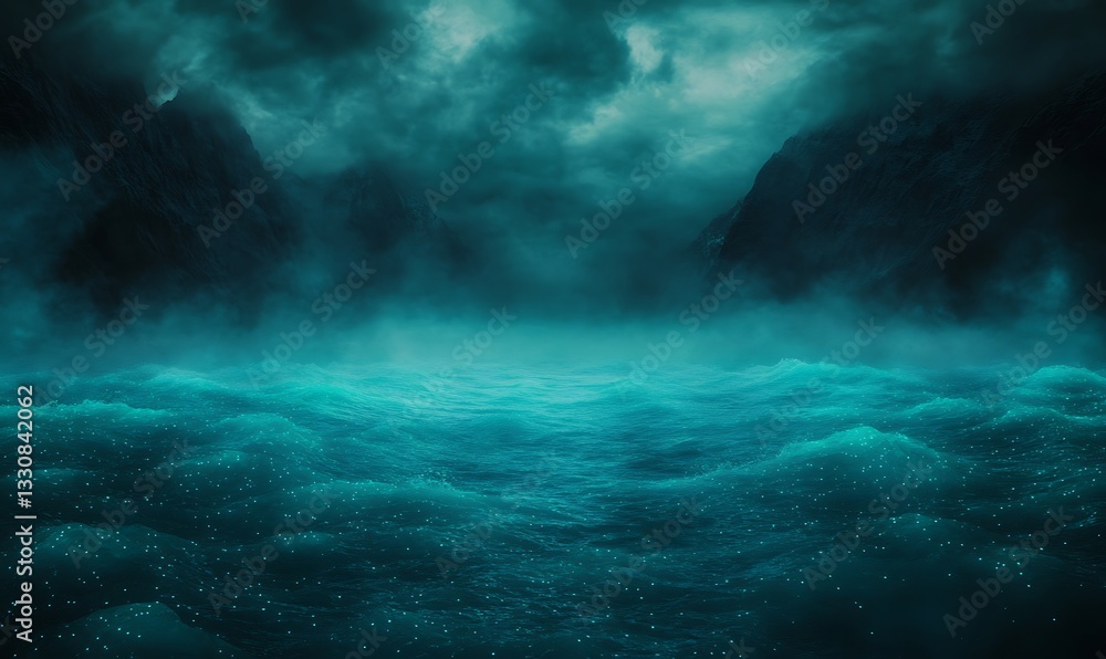 Poster mysterious ocean scene with dark clouds and glowing waters under a moody sky.