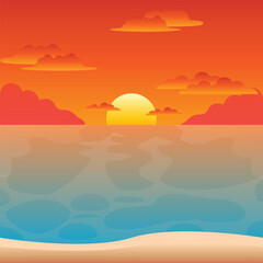 Beautiful golden hues paint the sky as the sun dips into the horizon, casting a warm glow over the gentle waves. The ocean shimmers, reflecting shades of orange, red, and blue,  across the sandy shore