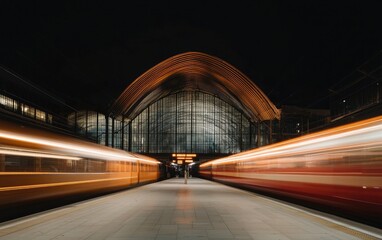 Nighttime Train Station With Light Trails And Modern Architecture