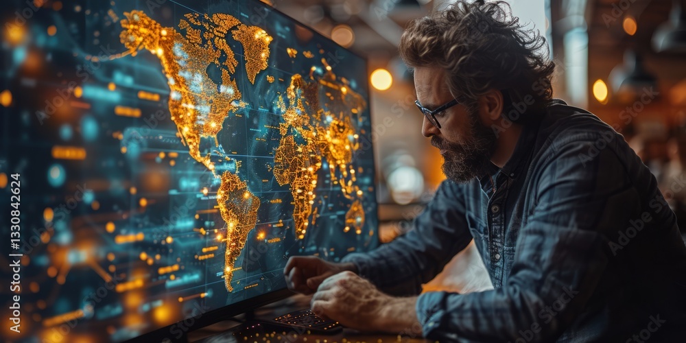 Poster man analyzing a glowing digital world map on a futuristic screen, representing global data, cybersec