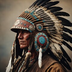 A Native American war helmet with feathered decorations.