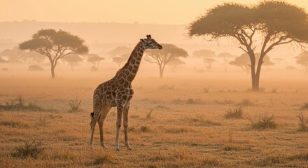 Obraz premium Majestic Giraffe at Sunrise in the African Savanna: A Serene Golden Hour Moment