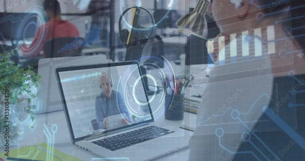 Aufkleber virtual meeting on laptop with digital data processing animation overlay