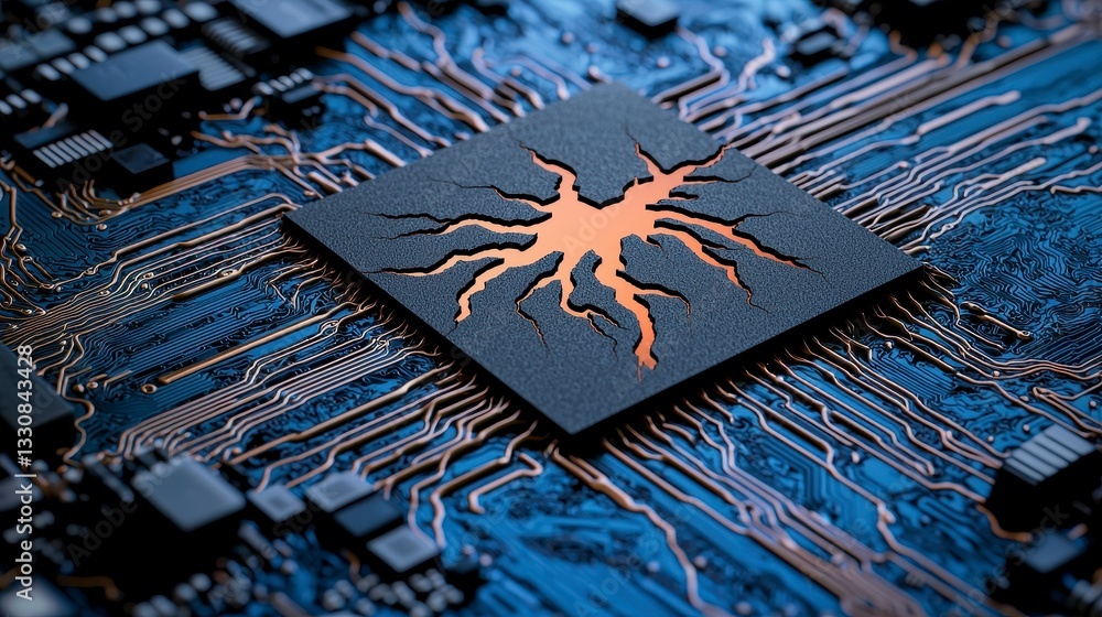 Poster damaged processor on circuit board close up of cracked cpu