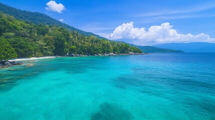 Obraz premium A serene tropical beach with clear turquoise waters and lush green mountains in the background.