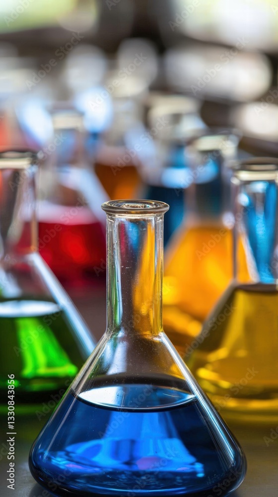 Poster vibrant group of colorful flasks displaying various shapes and sizes in a scientific environment