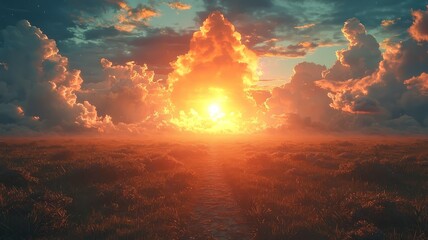 Fototapeta premium Stunning sunset over a tranquil landscape, with vibrant clouds and a glowing horizon, perfect for evoking peace and inspiration in any project.