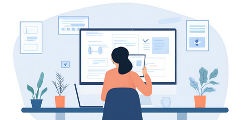 Office Professional Studying Reports on Laptop in Modern Workspace