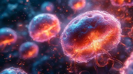 Naklejka premium Vibrant close-up of glowing jellyfish in a deep-sea environment, showcasing bioluminescence and fluid motion, ideal for marine life and science-themed projects.